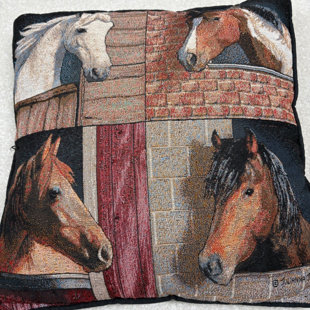 Julianna James Horse Tapestry Throw Pillow Vtg 16x16 Equestrian Decor Black
